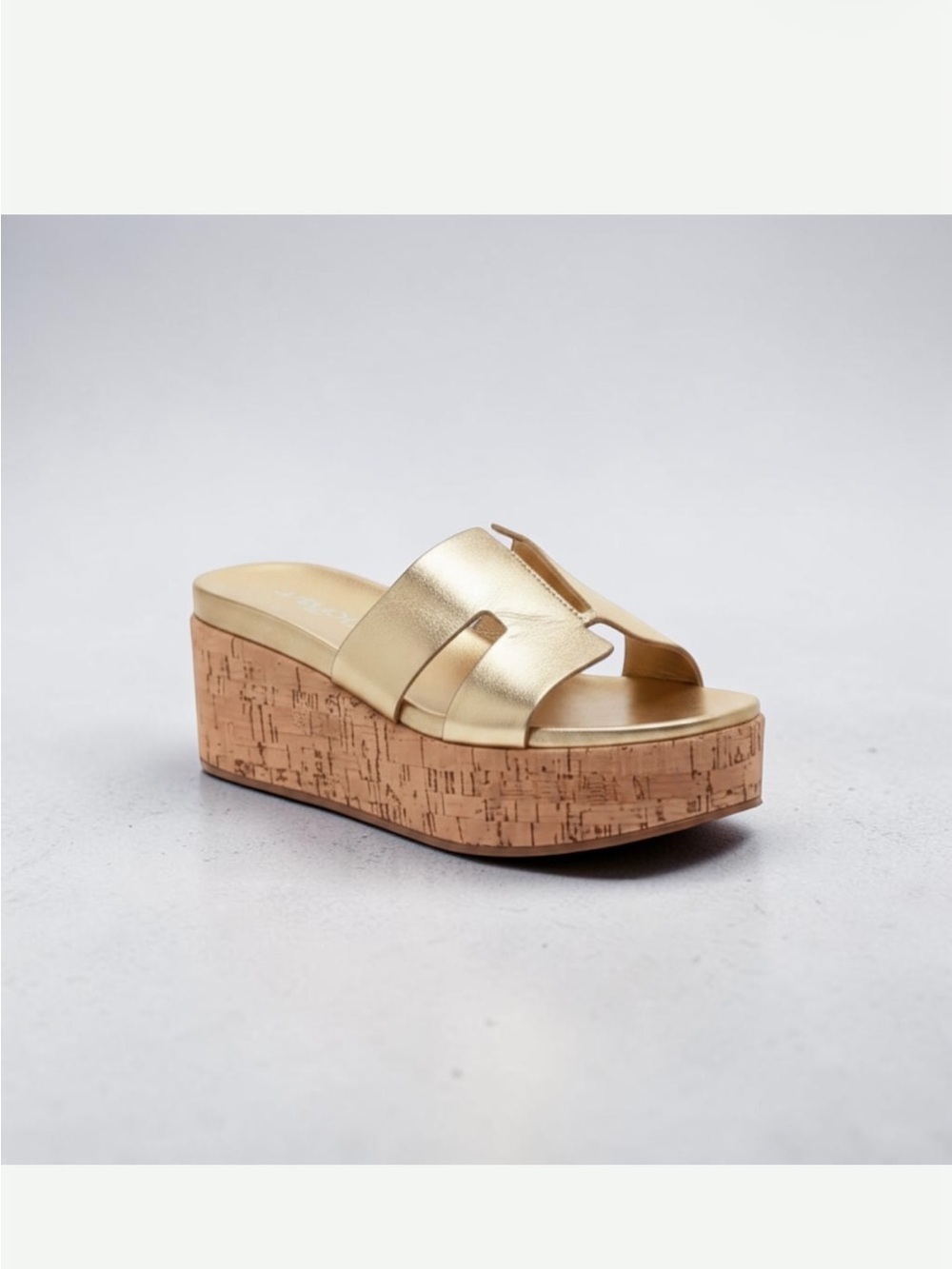 J Slides Queenie Platform Wedge Slide Leather Sandal in gold and cork size 8
